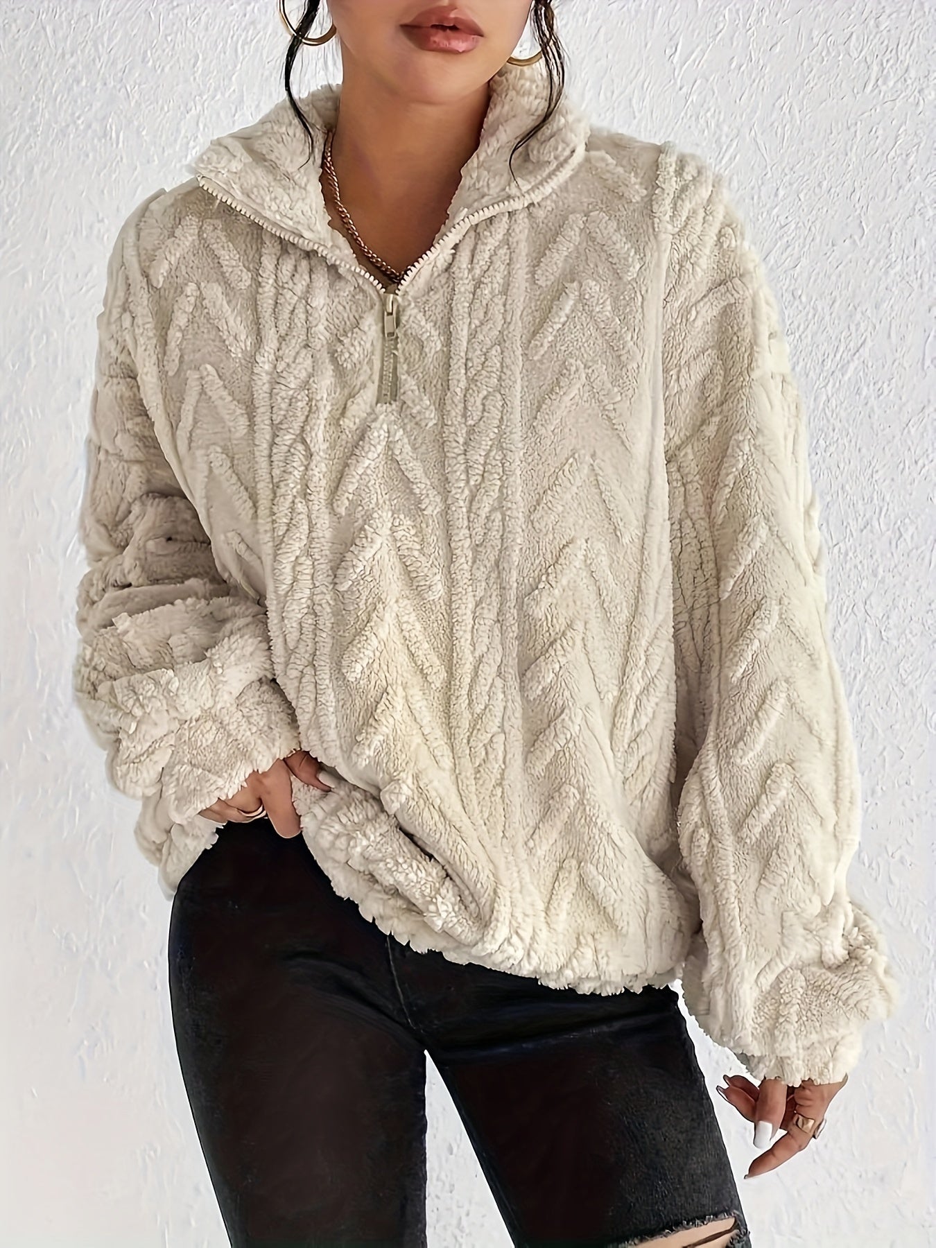 Claudette - Sweatshirt Luxe en Fleece à Tricot Cable