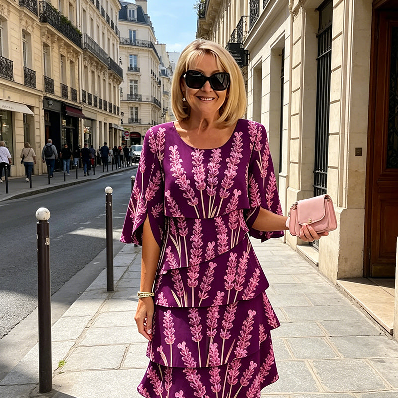 Elyvane - Women's Midi Floral Print Ruffled Slit Sleeve Dress
