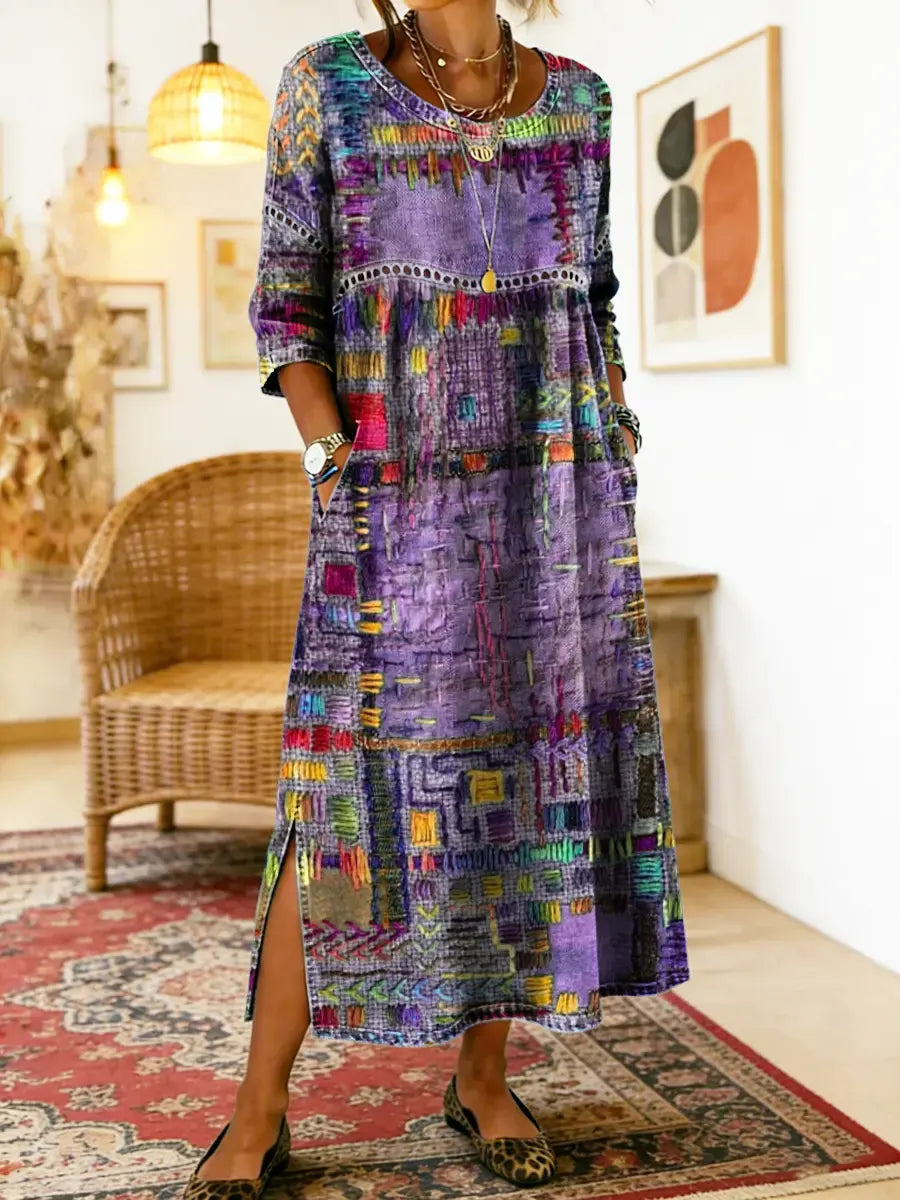 Lunethra - Women's Ethnic Patchwork Denim Dress