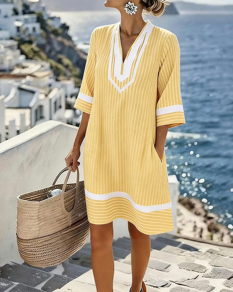 Telyxa - Women's Flowy Striped V-Neck Summer Dress