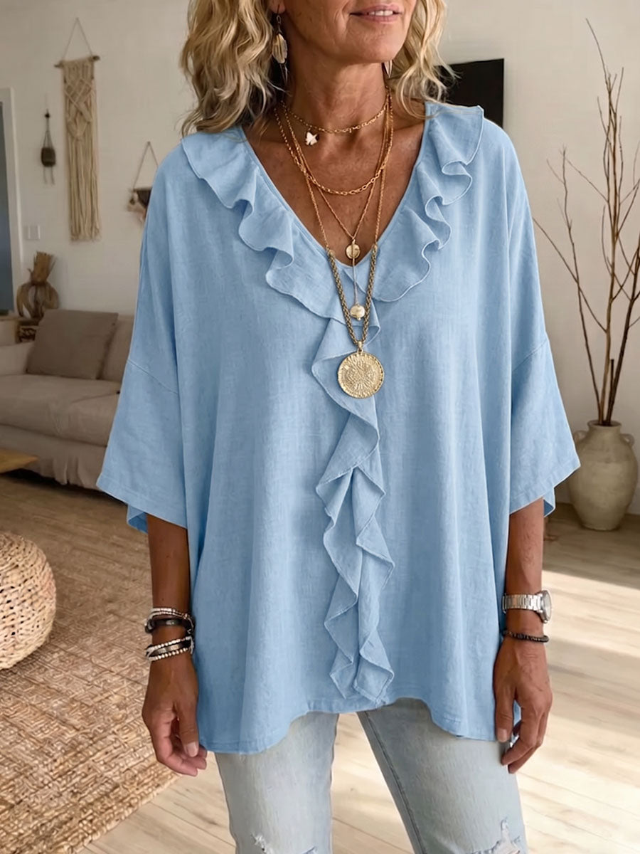Hynorae - Women's Loose V-Neck Ruffle Lightweight Top for Daily Chic