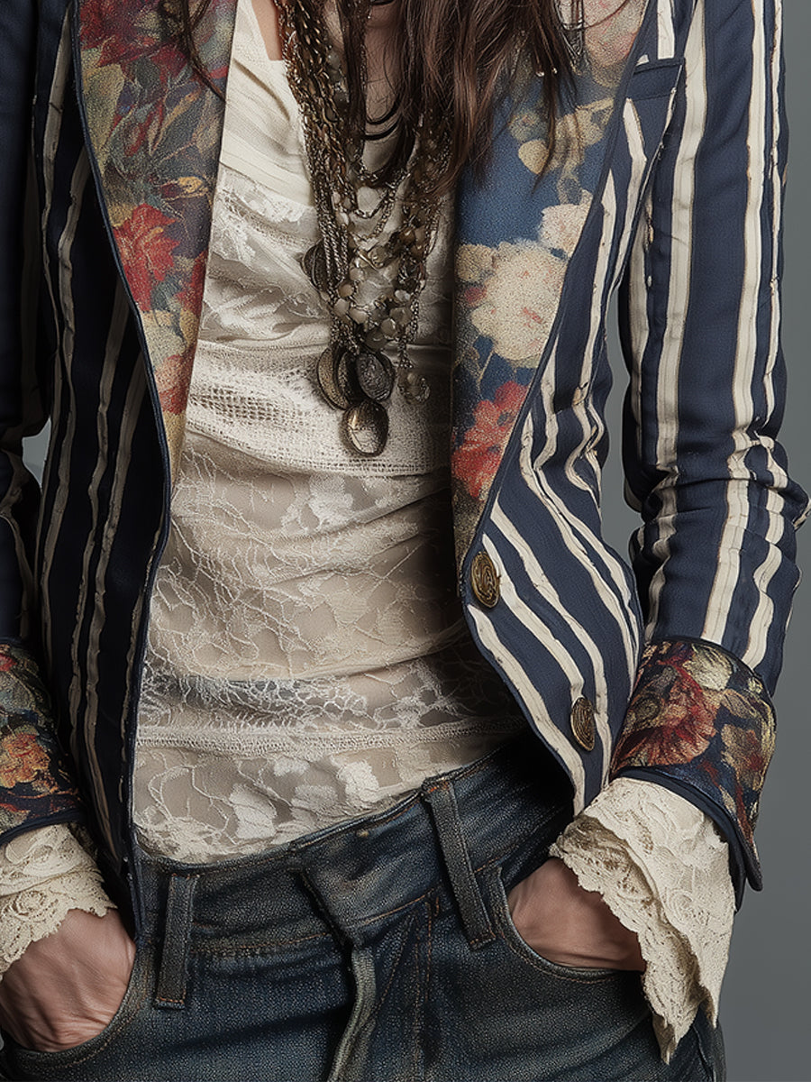 Avenorix - Chic Vintage Floral Print Bohemian Striped Women's Blazer