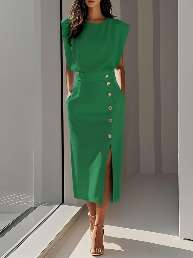Floralia - Plain midi dress with button slit and round neckline