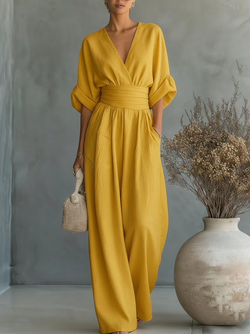 Helyrae - Women's V-Neck Jumpsuit with Defined Waist and Fluid Cut