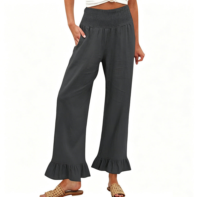 Dorexa - Women's High-Waisted Smocked Wide Leg Boho Cotton Linen Trousers