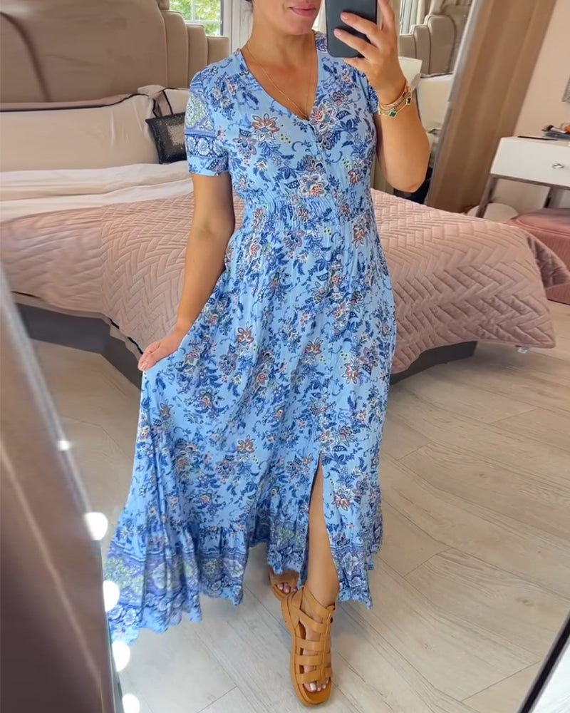 Denise - Floral Print Maxi Dress with V-Neckline