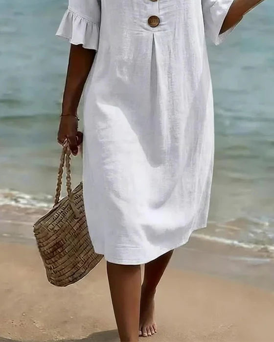 Beatrix - Women's Cotton Linen Dress Flowy Cut Buttons Flared Sleeves Elegant