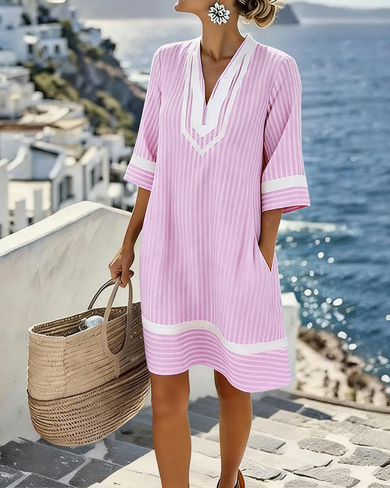 Telyxa - Women's Flowy Striped V-Neck Summer Dress
