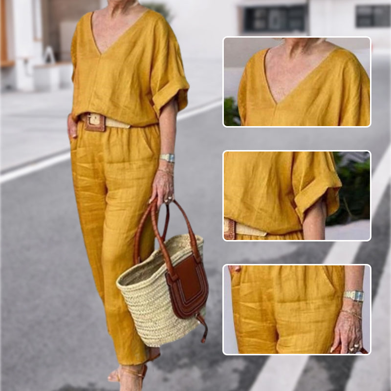 Loxaria - Women's V-neck Top and Pocket Trousers Casual Set