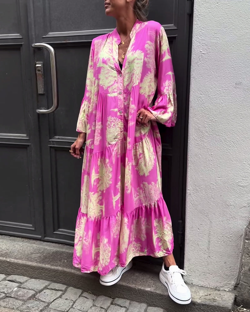 Greta - Loose Patchwork Dress with V-Neck and Printed Bell Sleeves