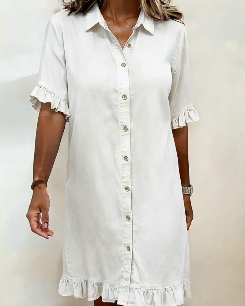 Glytha - Women's Denim Buttoned Dress with Ruffle Sleeves, Straight Casual Cut