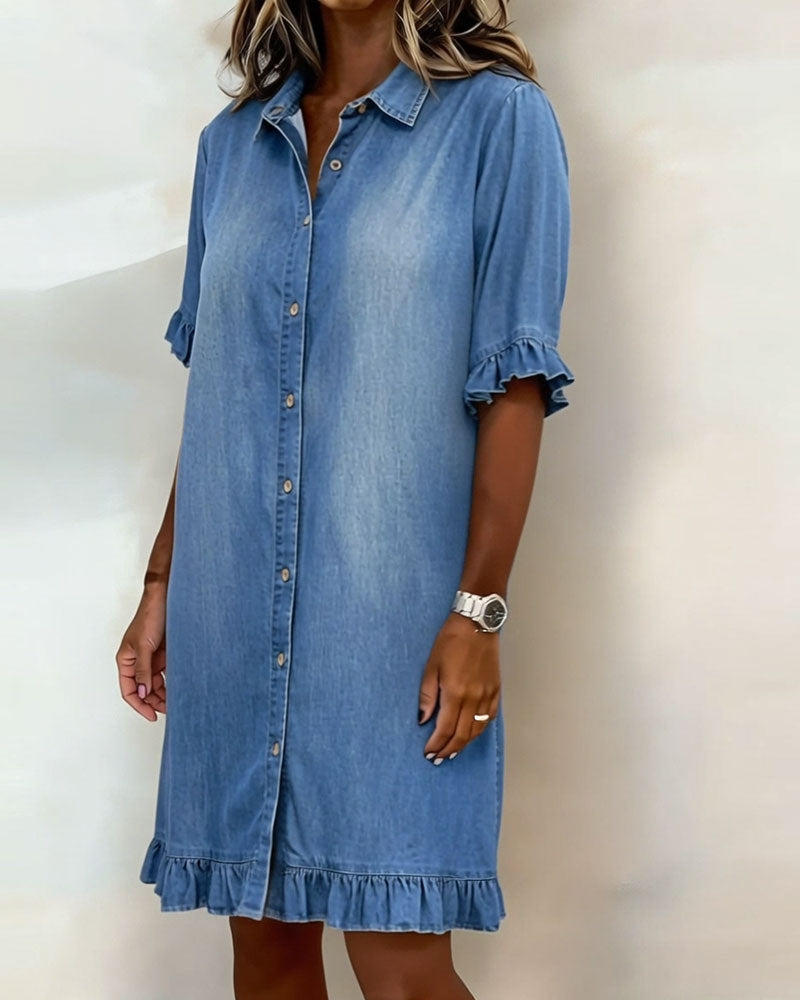Glytha - Women's Denim Buttoned Dress with Ruffle Sleeves, Straight Casual Cut