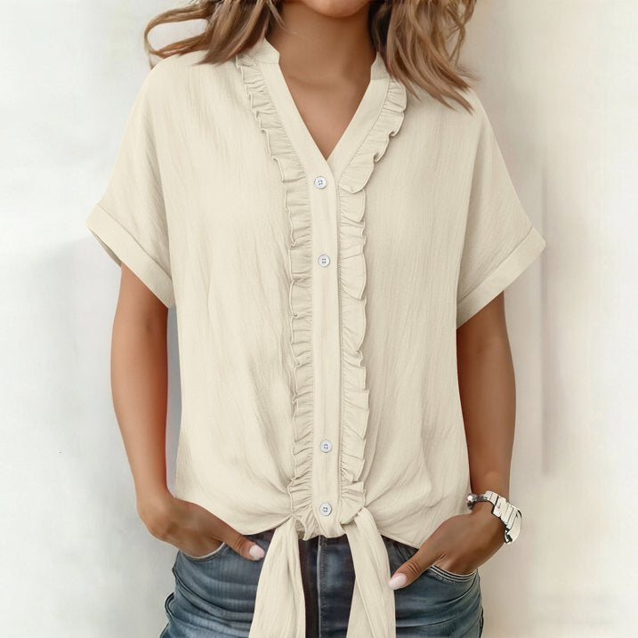 Kalyxa - Women's Cotton V-neck Short Sleeve Tie-front Summer Shirt