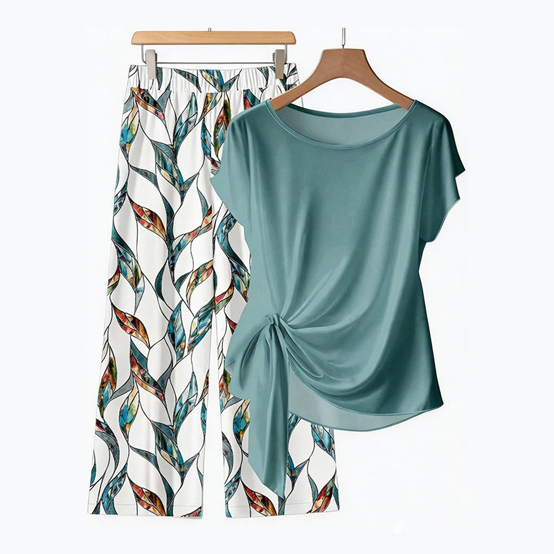 Bryselle - Two-piece women's set with knotted top and fluid printed trousers