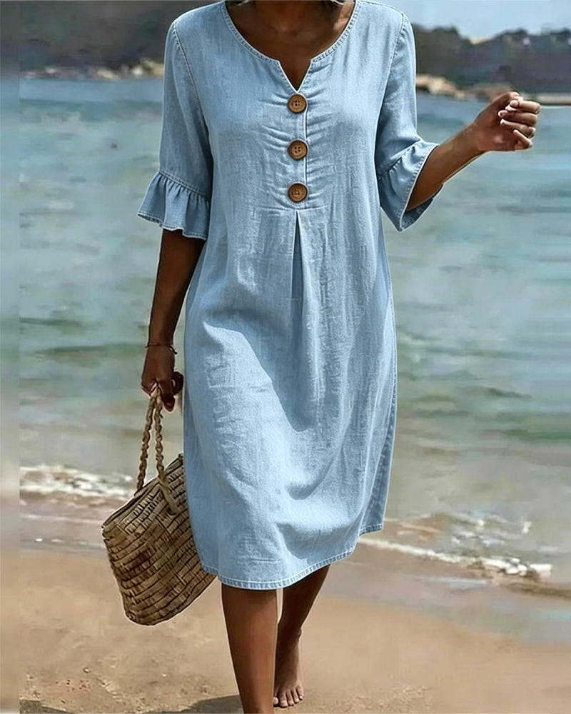 Fynorae - Women's denim dress with ruffled sleeves, flowy cut, for summer beach