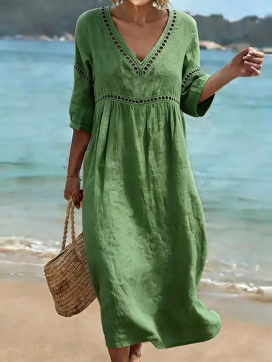 Rynoxa - Robe femme midi fluide col V manches larges style naturel élégant