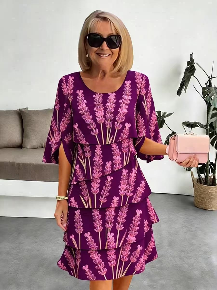 Elyvane - Women's Midi Floral Print Ruffled Slit Sleeve Dress