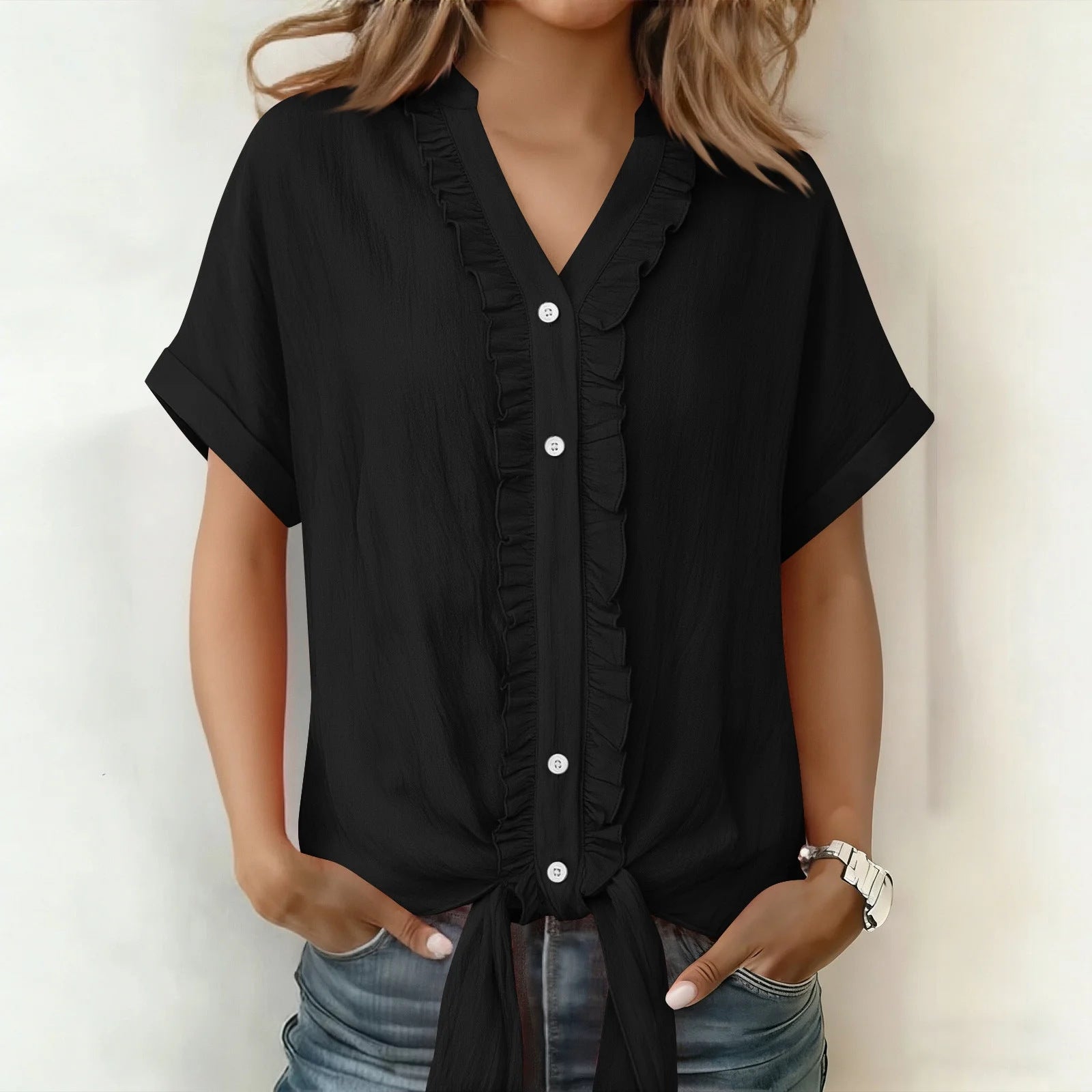 Kalyxa - Women's Cotton V-neck Short Sleeve Tie-front Summer Shirt