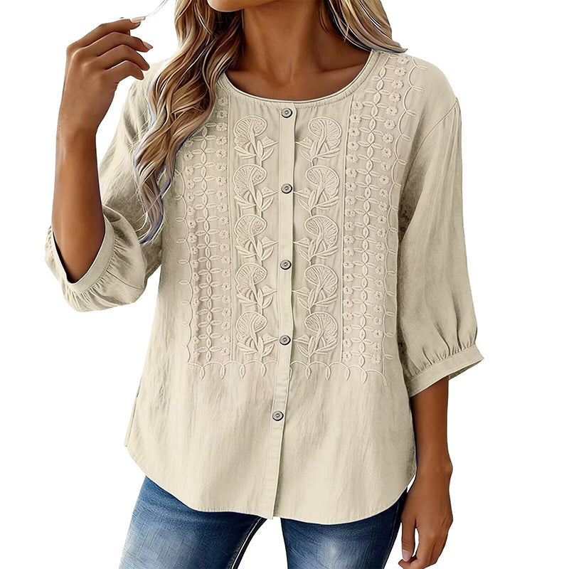 Sorivelle - Women's 3/4-Sleeve Cotton and Linen Embroidered Blouse