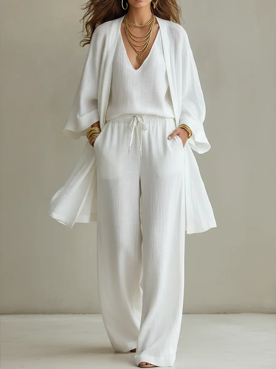 Solene - Women's Minimalist Cotton Linen Top and Elegant Trousers Set