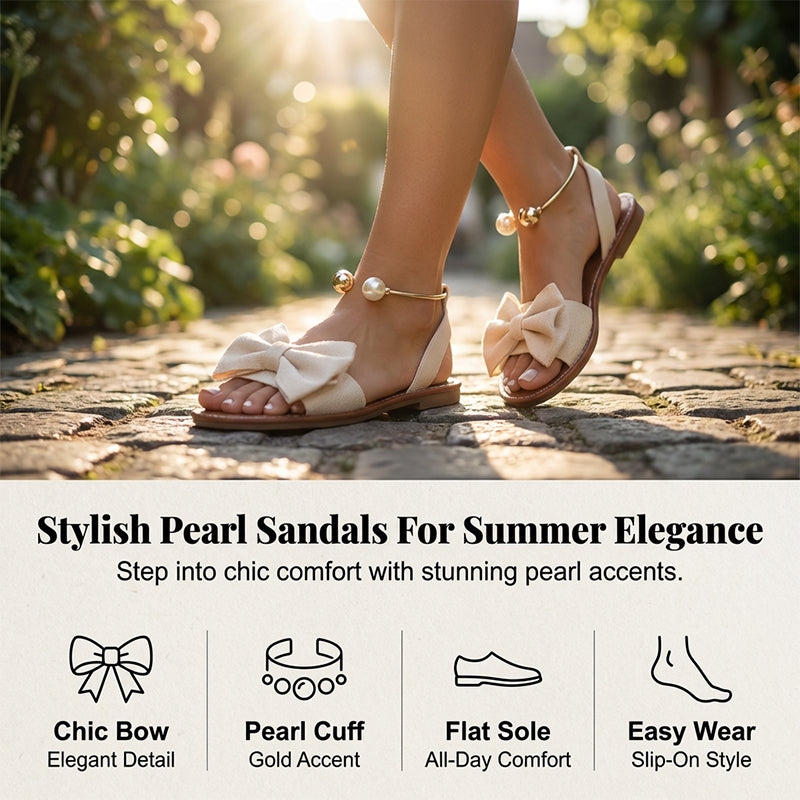 Jaxoria - Women's Flat Sandals with Decorative Bow and Pearls