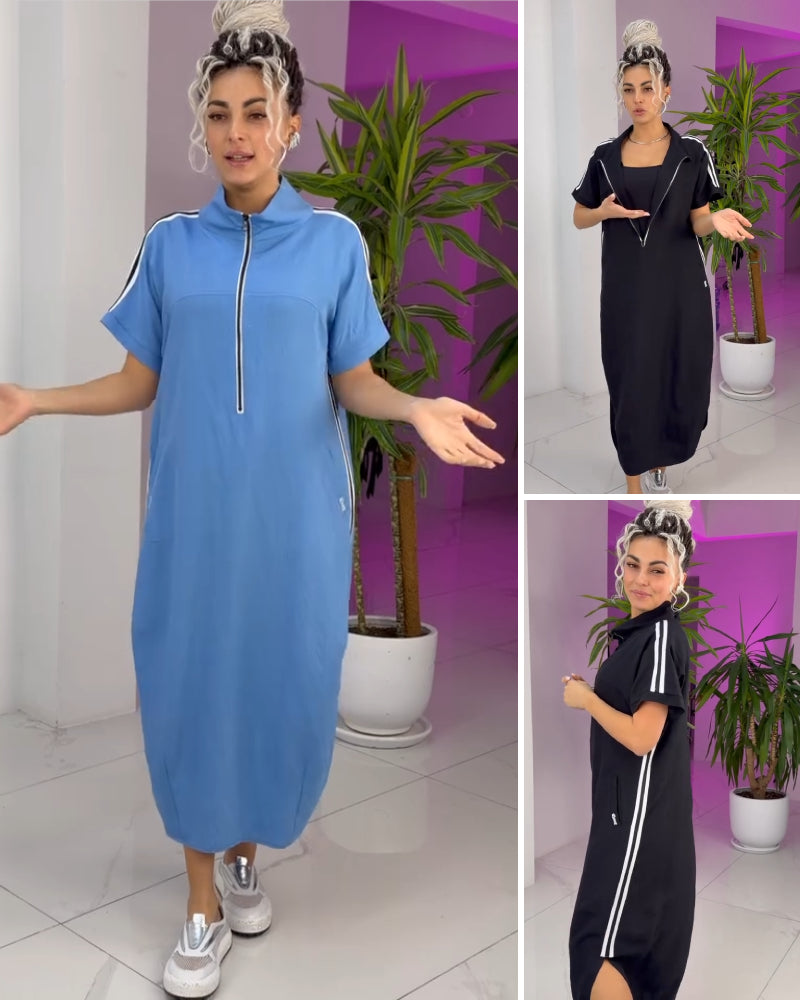 Gavrixa - Women's long zipped high-neck dress, fluid cut, sporty chic style, comfortable