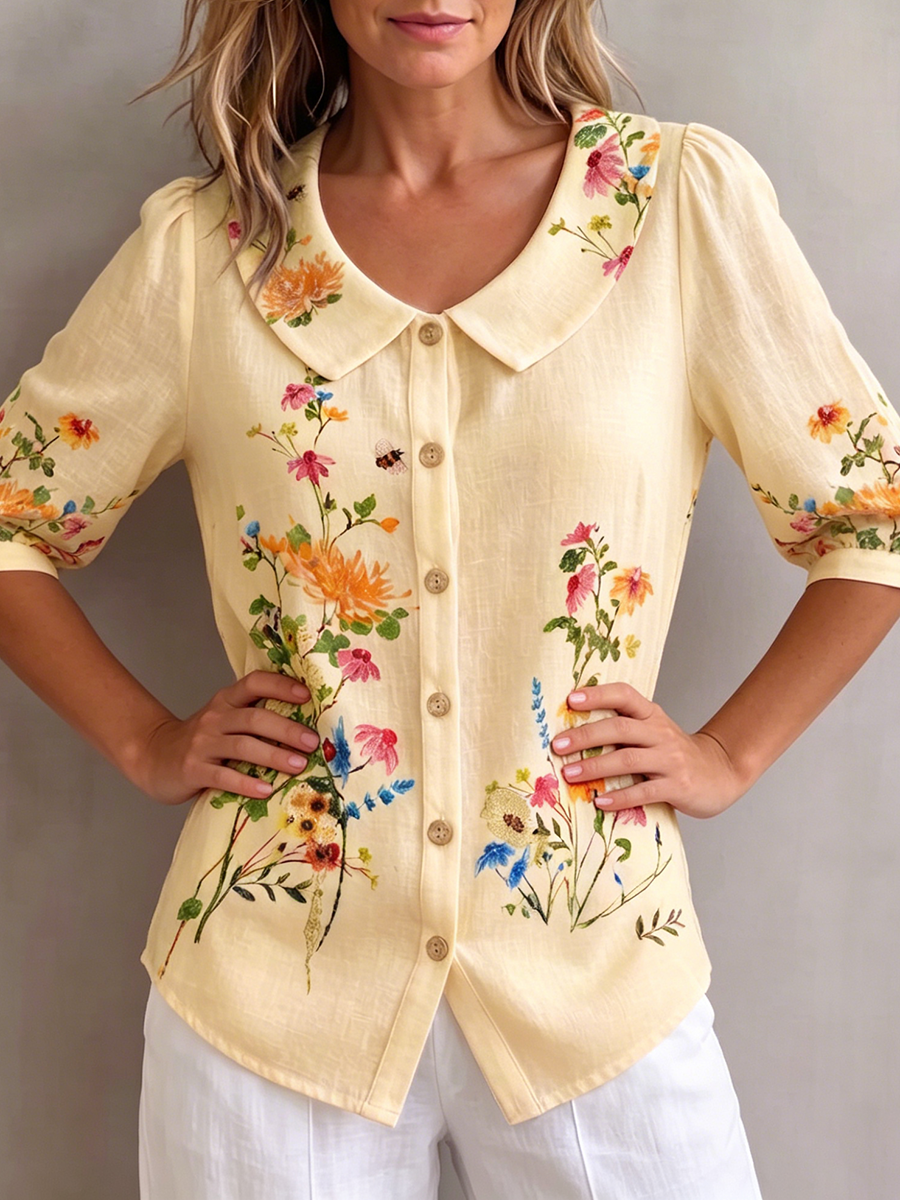 Mavessia - Women's vintage artistic floral print cotton and linen shirt