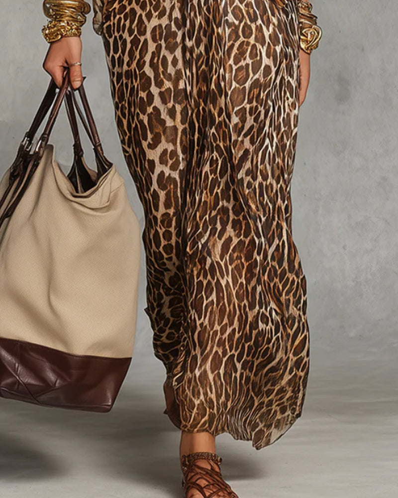 Ziva - Robe maxi femme léopard torsadée fluide à manches kimono