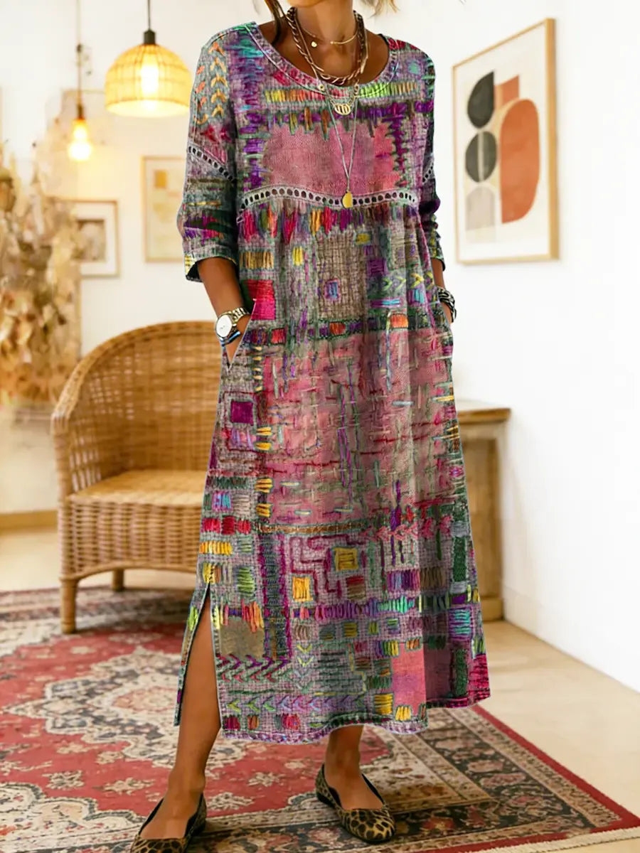 Lunethra - Women's Ethnic Patchwork Denim Dress