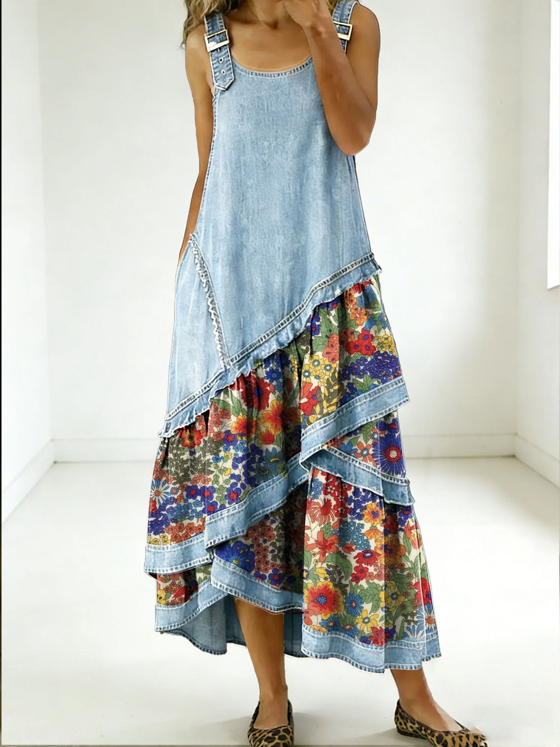 Rovessira - Women's Bohemian Patchwork Denim and Floral Print Maxi Dress