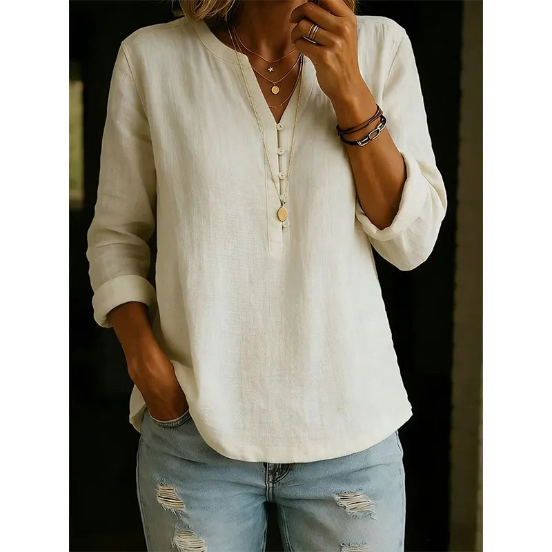 Vaelis - Women's Relaxed Fit V-Neck Shirt with Buttons