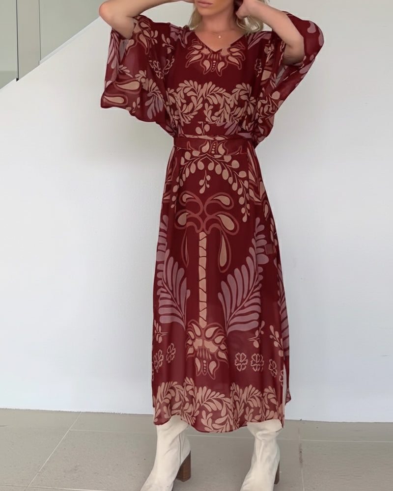 Praxellea - Women's Boho Maxi Dress Loose V-Neck Elegant Leaf Print