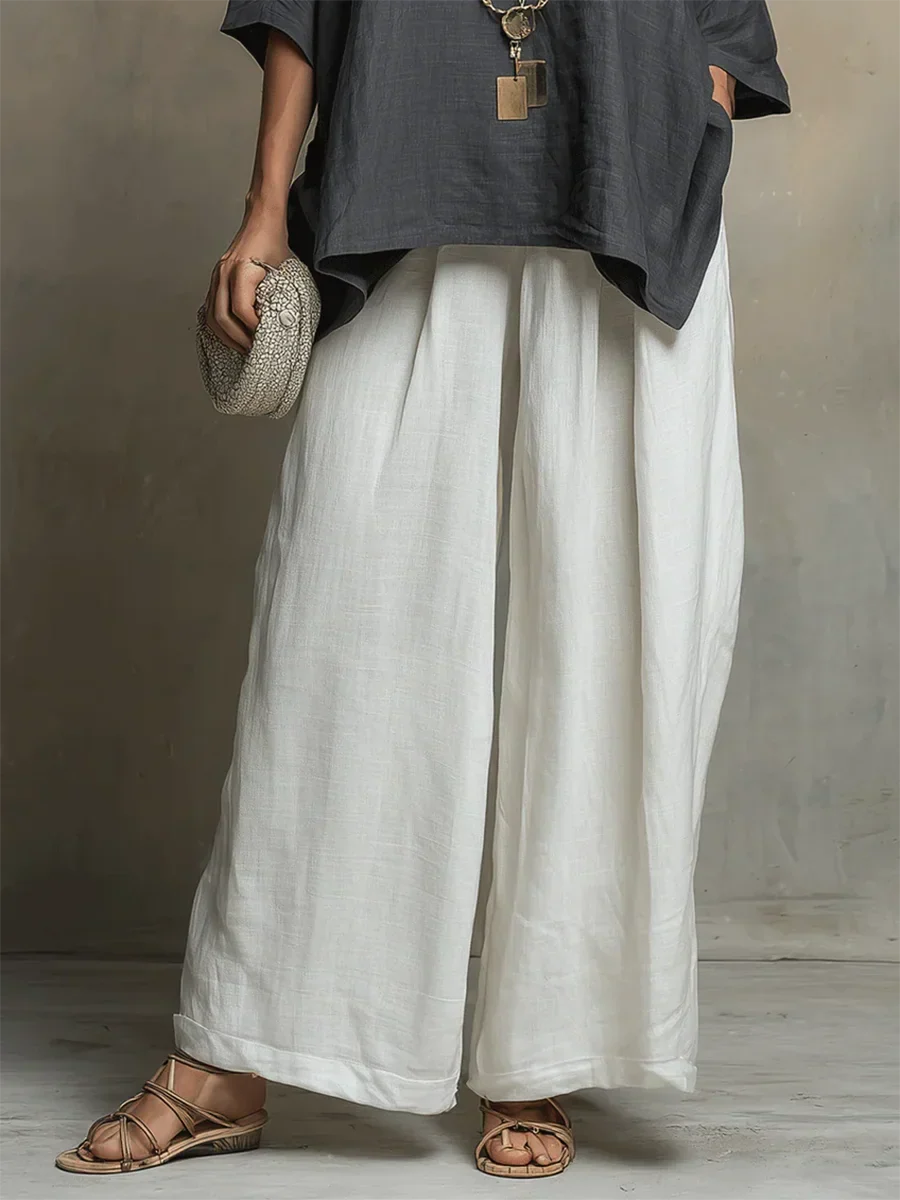 Tyvella - Women's Two-Piece Linen Outfit Loose Fit Wide Leg Pants