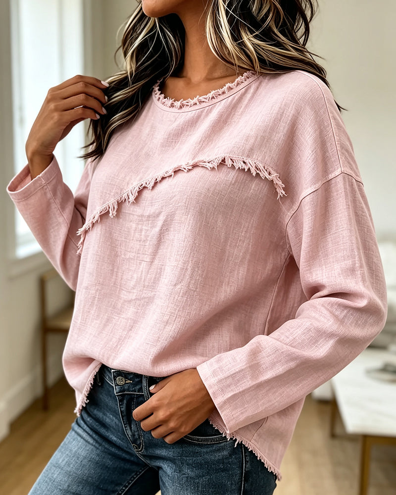 Zora - Blouse femme rose à col rond asymétrique et franges