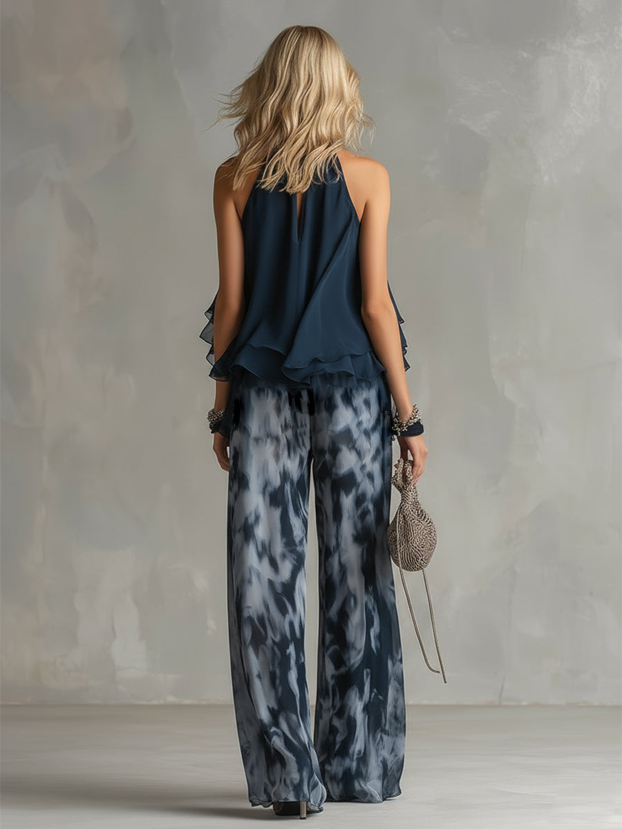 Pheronia - Women's two-piece set chiffon halter neck top wide-leg printed trousers