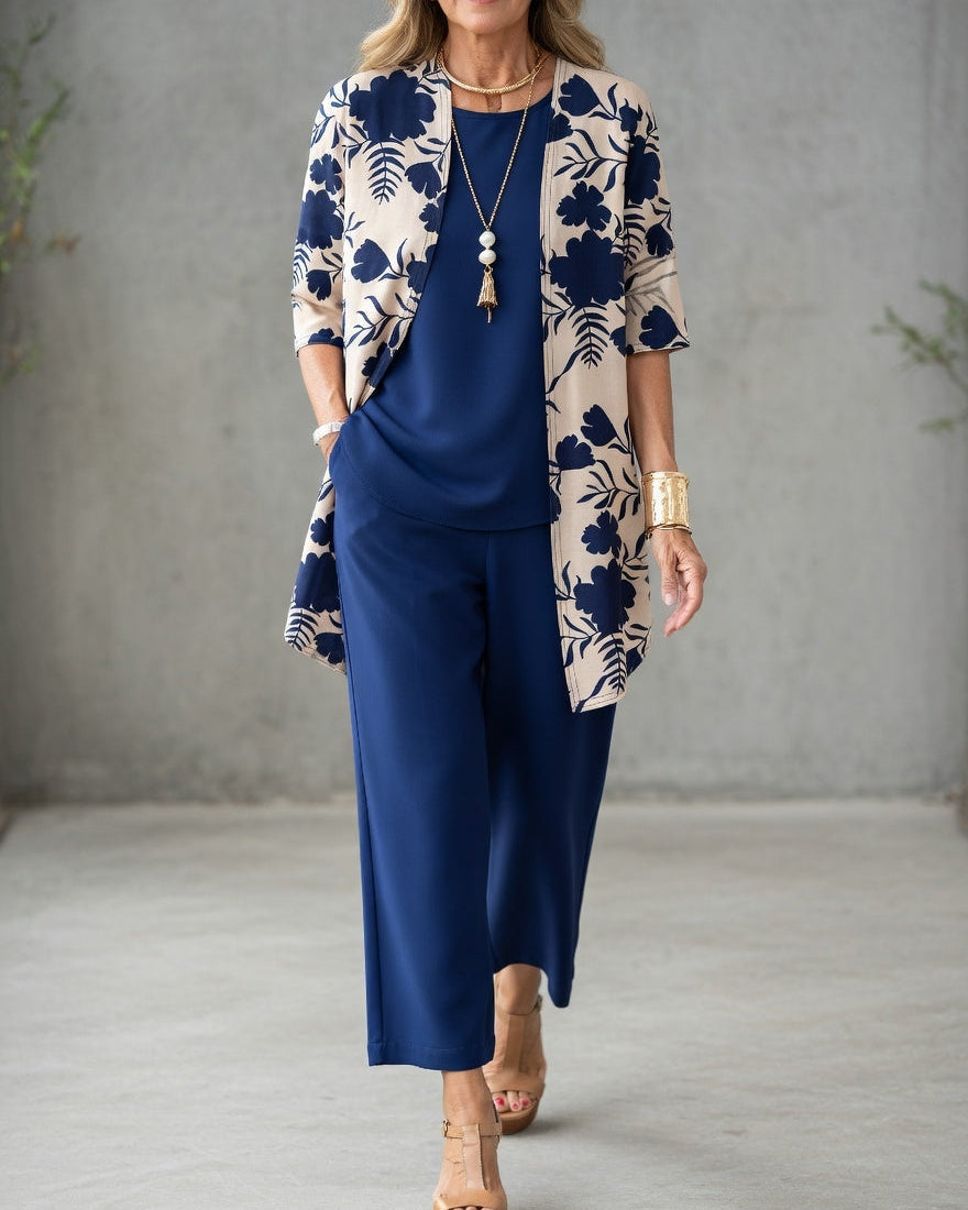 Sabrina - Elegant Three-Piece Women's Outfit: Flowy Cardigan, Top, and Wide-Leg Pants