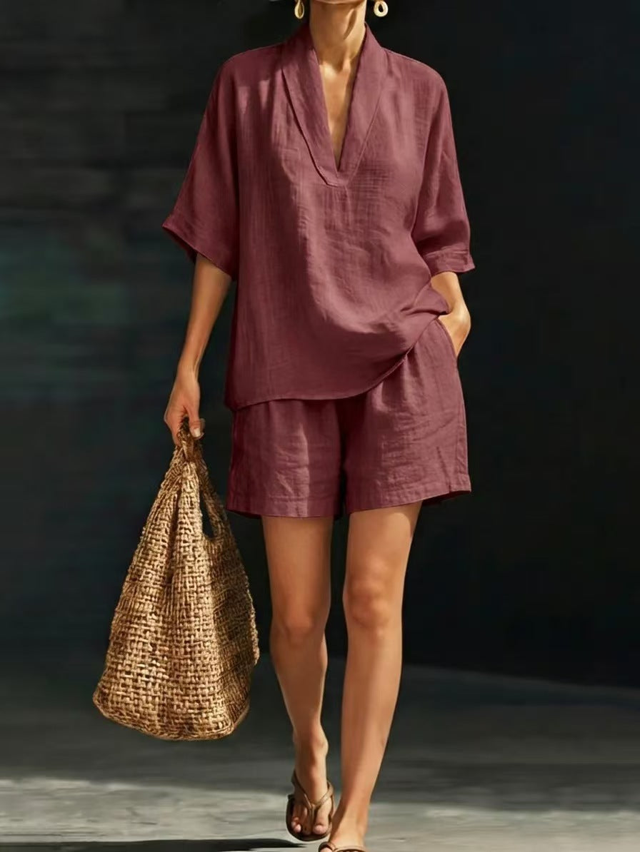 Kovelle - Women's Two-Piece Cotton V-Neck Loose-Fit Shorts Set