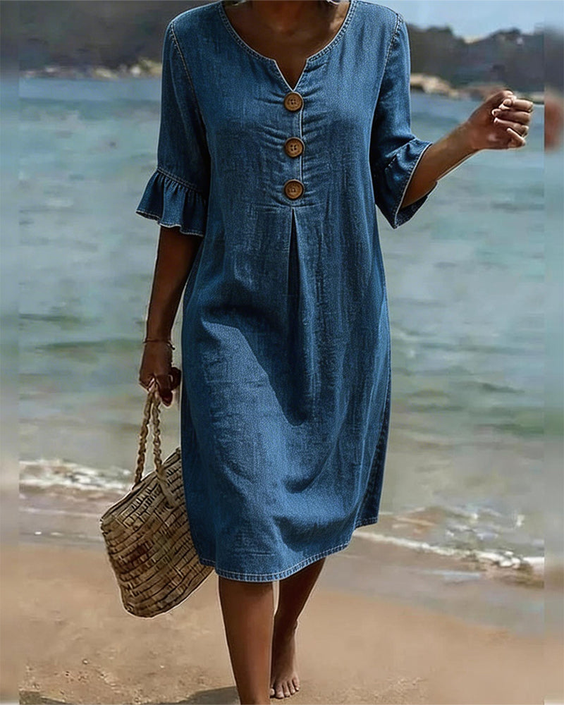 Fynorae - Women's denim dress with ruffled sleeves, flowy cut, for summer beach