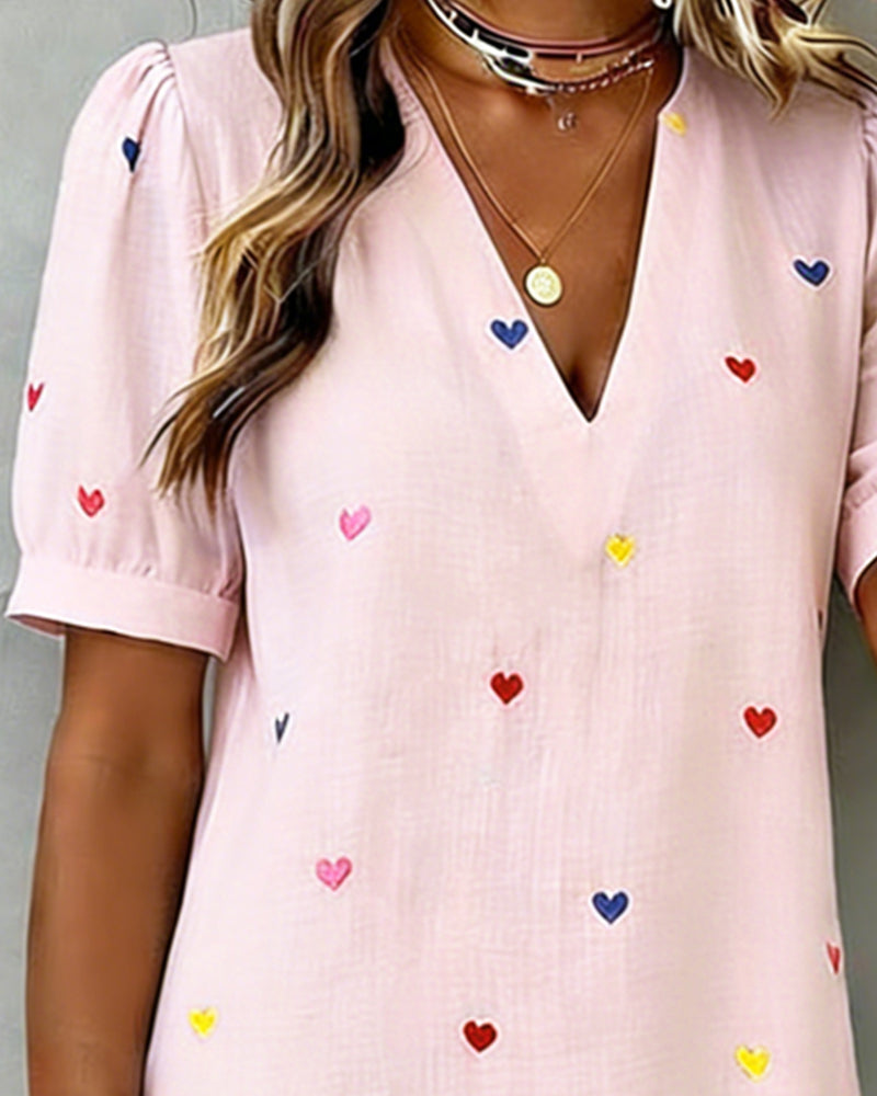 Tivoria - Women's short V-neck dress with heart print, cotton, linen, short sleeves