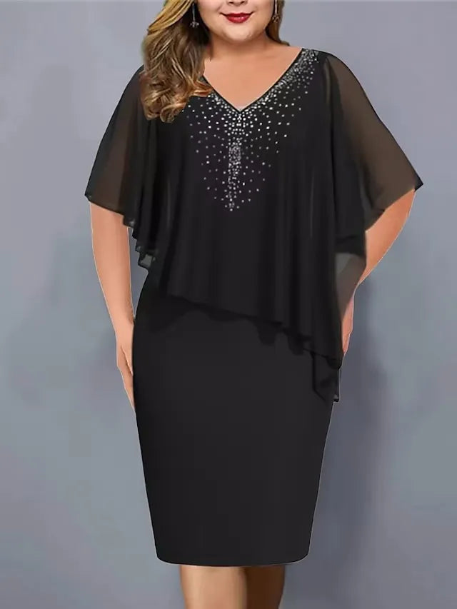 Lorenne - Women's Cape Dress with Rhinestones and Chiffon Overlay