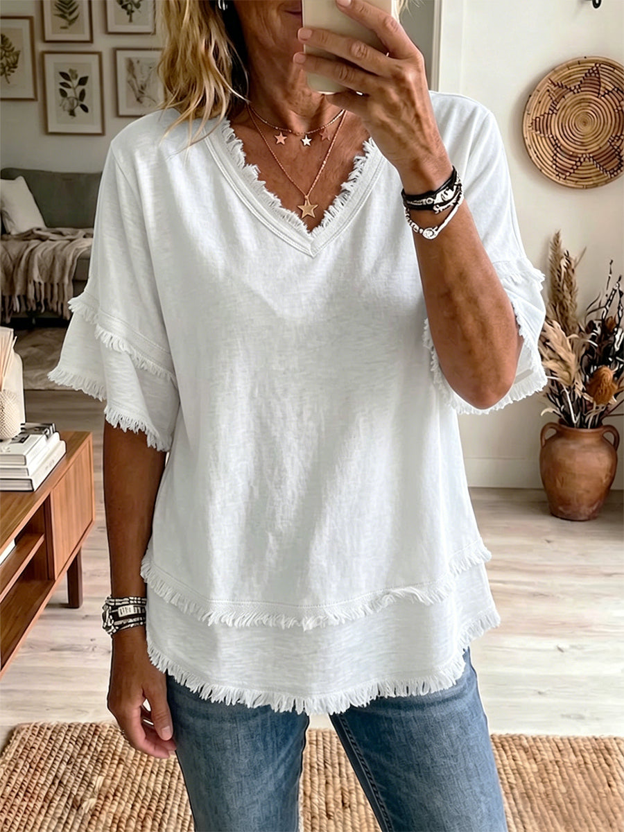 Jovrya - Women's Linen V-Neck Short Sleeve Relaxed Fit Summer Top