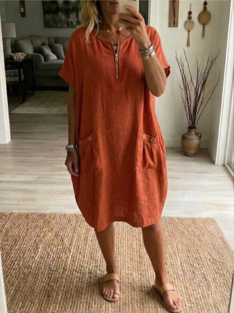 Sylexa - Women's Loose Fit Round Neck Dress with Front Zip, Casual Style