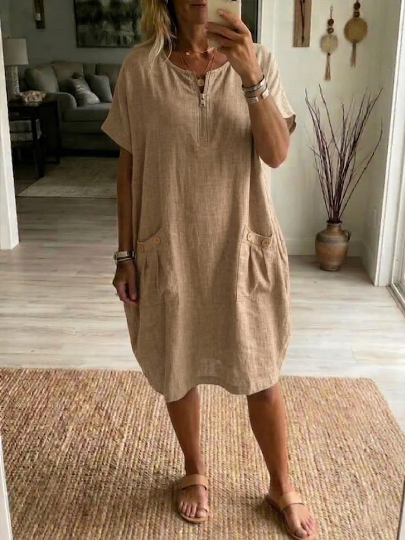 Sylexa - Women's Loose Fit Round Neck Dress with Front Zip, Casual Style