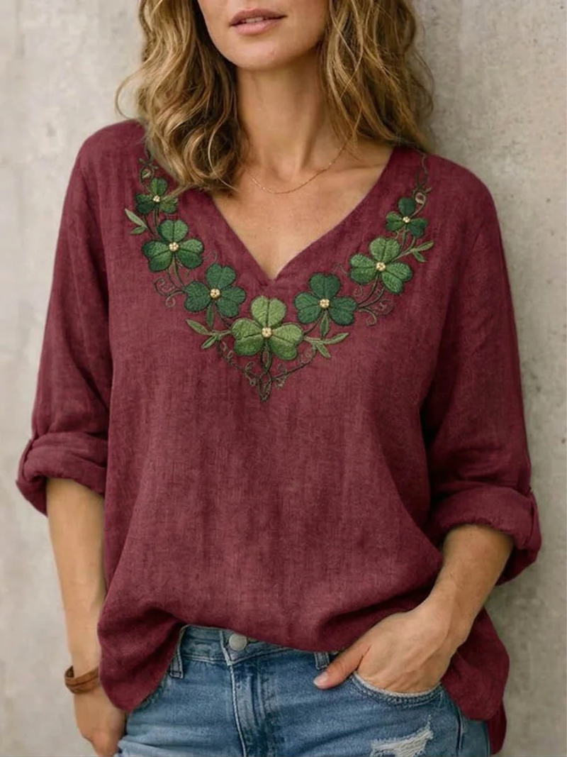 Jynelle - Elegant V-Neck Blouse with Embroidery