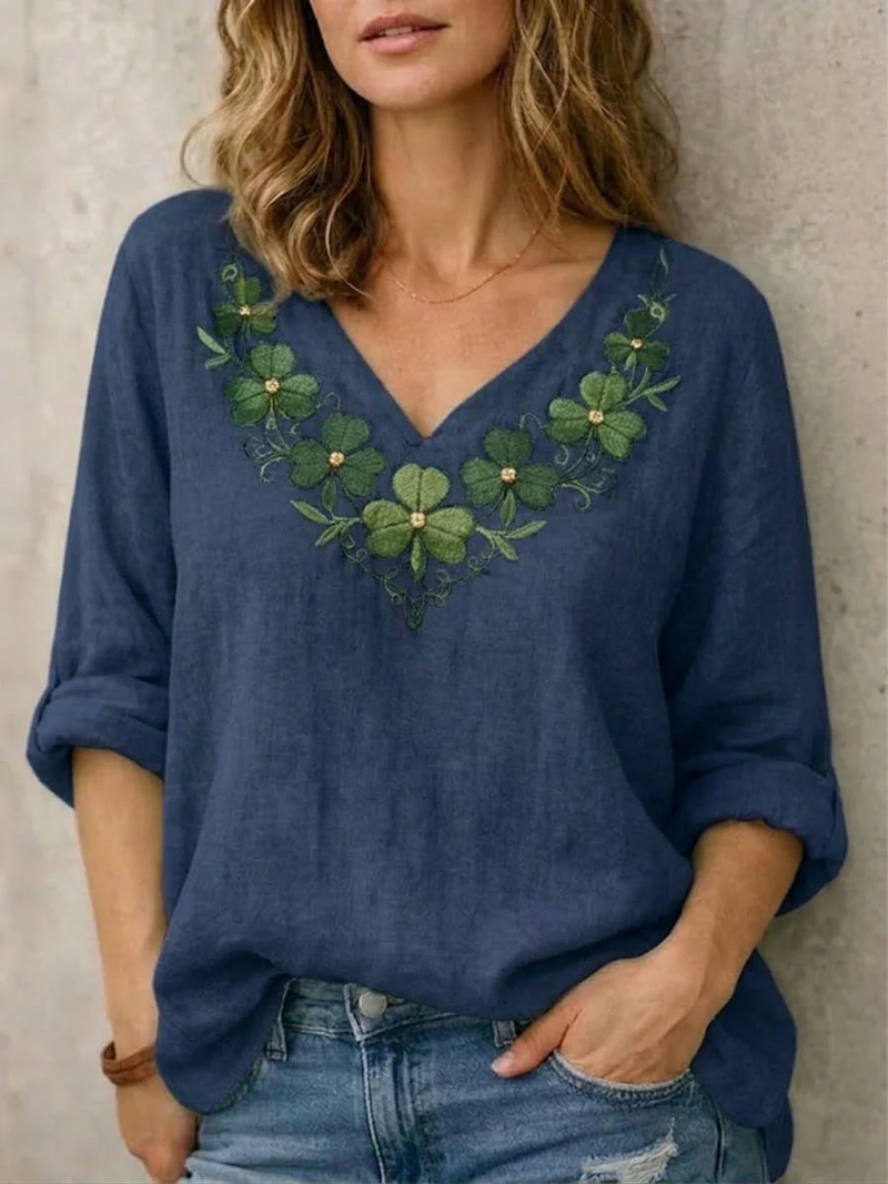 Jynelle - Elegant V-Neck Blouse with Embroidery