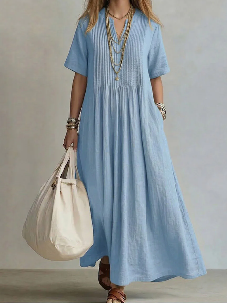 Sylovelle - Women's Flowy Pleated Lightweight Cotton and Linen Maxi Dress