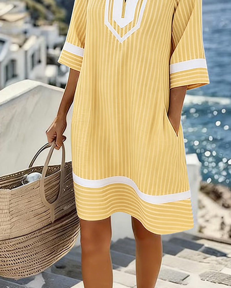 Telyxa - Women's Flowy Striped V-Neck Summer Dress