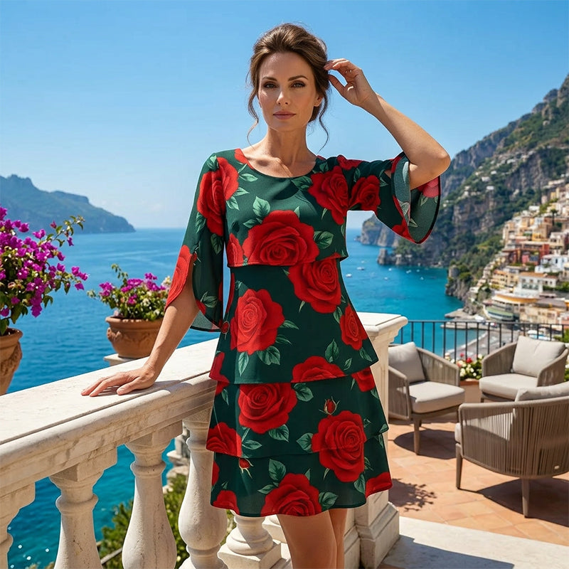 Qyvelle - Women's Floral Print Dress Loose Fit Flowy Sleeves Elegant Style