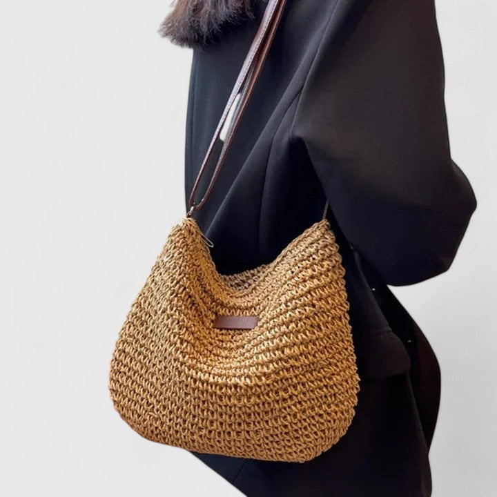 Mirelina - Women's Braided Raffia Crossbody Bag, Natural Boho Style
