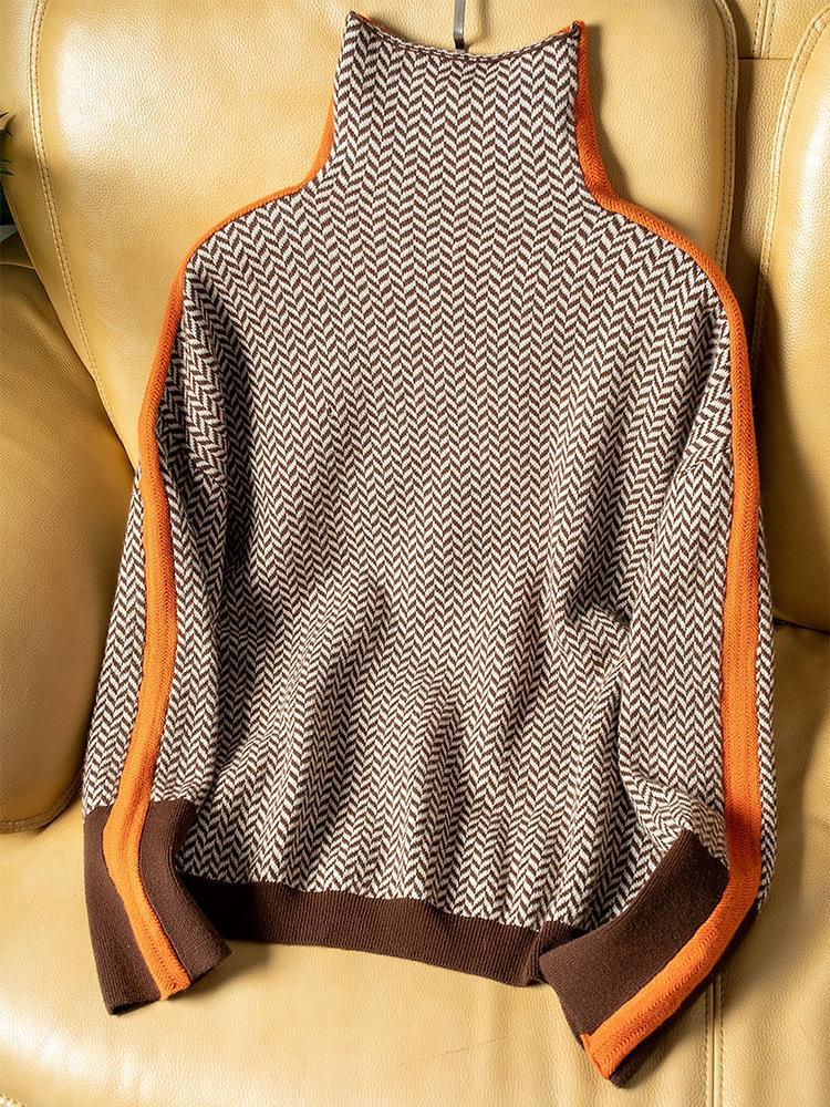 Marivelle™ - Women's Mock Neck Sweater with Contrast Stripes